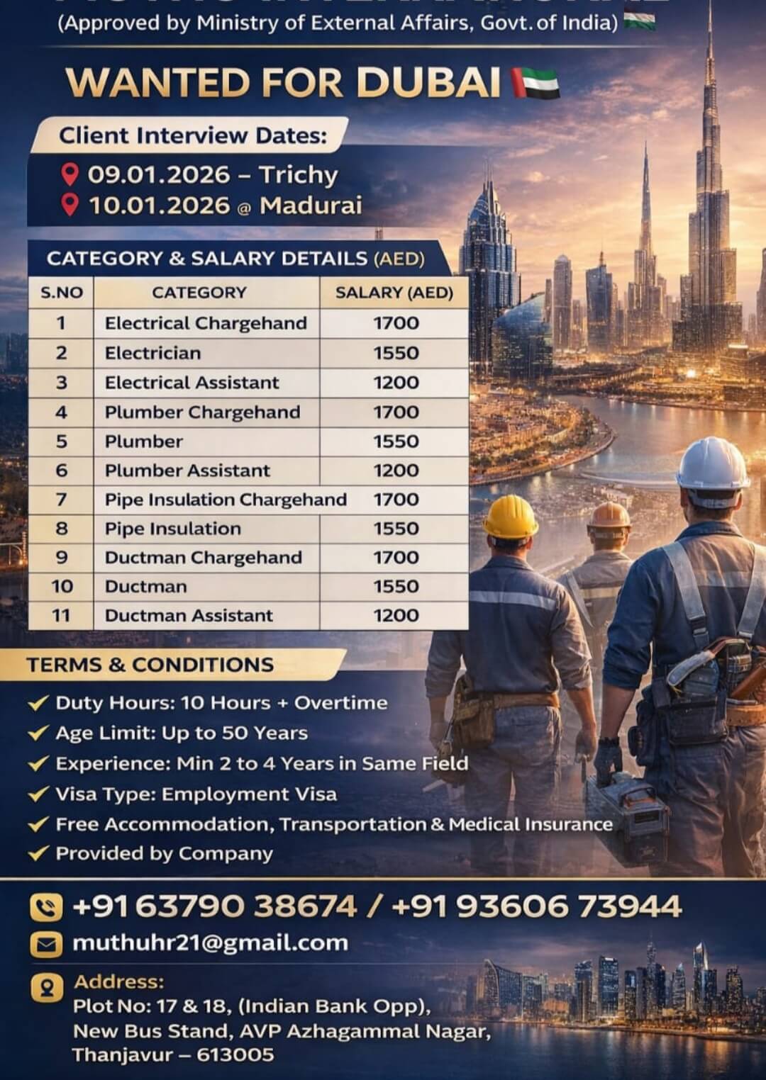 Dubai Electrical & Plumbing Jobs 2026 – Direct Client Interview