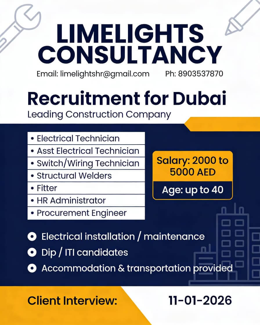 Dubai Construction Jobs 2026 – Electrical & Technical Vacancies