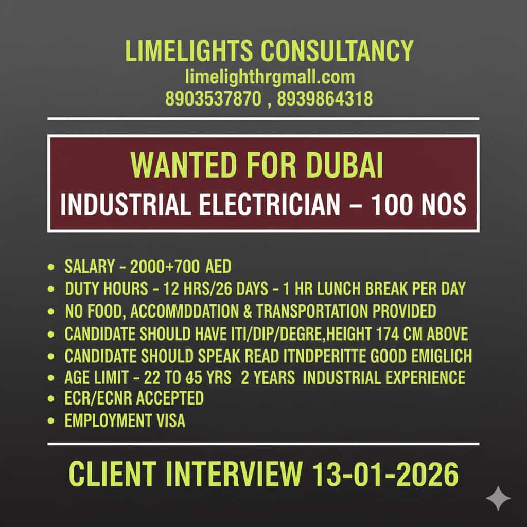Industrial Electrician Jobs in Dubai 2026 – 100 Vacancies with Client Interview