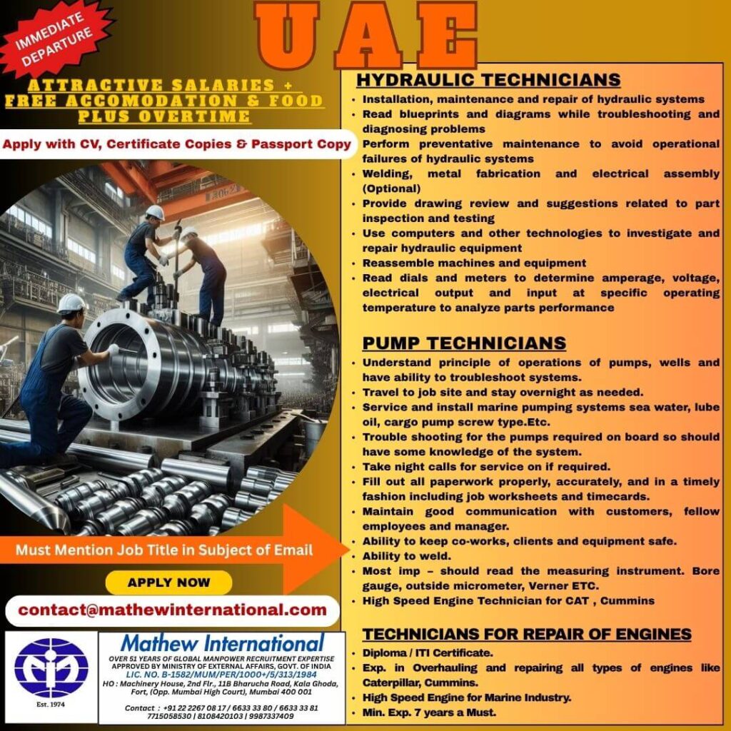 UAE Hydraulic Technicians Jobs 2026 – Immediate Departure