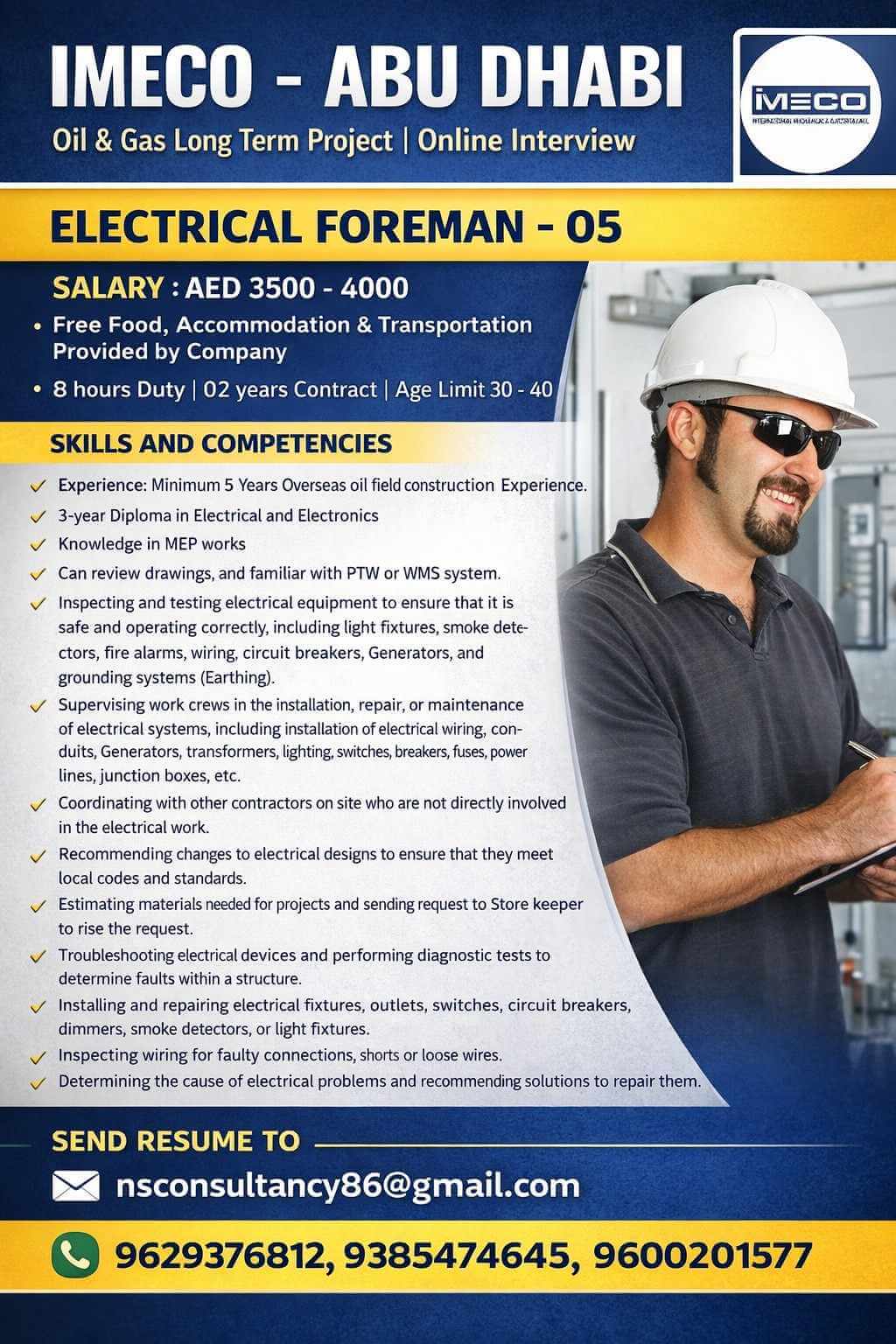 IMECO Abu Dhabi Electrical Foreman Jobs 2026