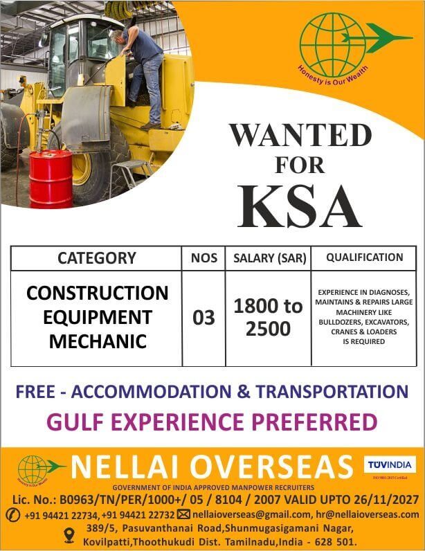 Construction Equipment Mechanic Jobs in Saudi Arabia