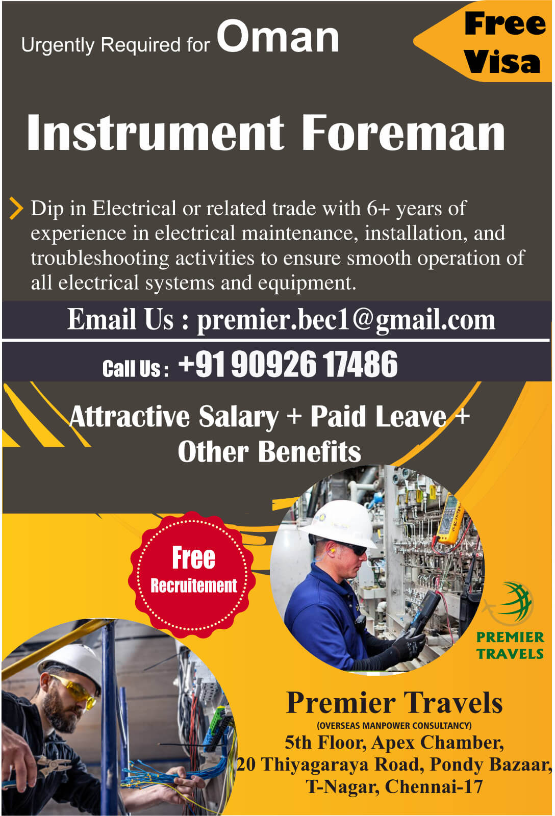 Instrument Foreman Jobs in Oman – Free Visa | Urgent Requirement