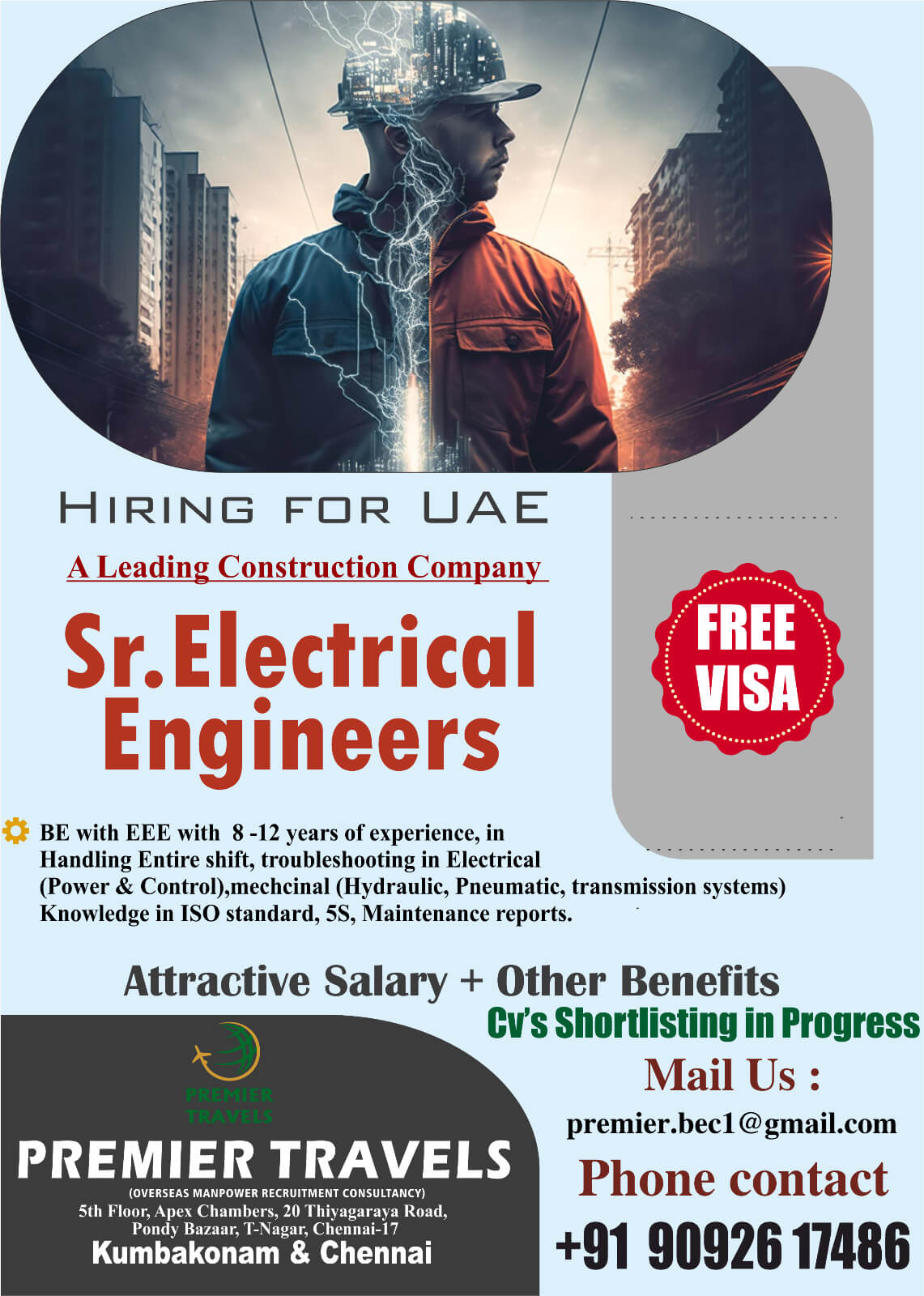 Sr Electrical Engineers Jobs in UAE – Free Visa Opportunity