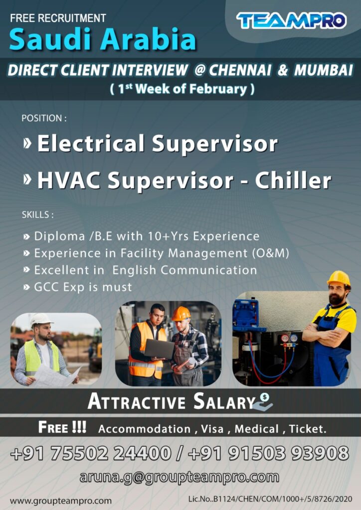 Saudi Arabia Electrical Supervisor Jobs 2026 – Free Recruitment
