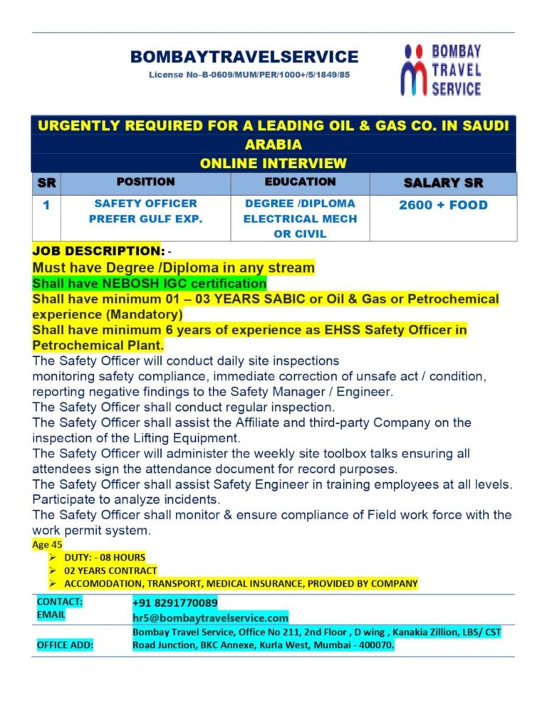Safety Officer Jobs in Saudi Arabia – Online Interview 2026