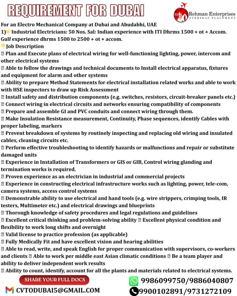 Industrial Electrician Jobs in Dubai & Abu Dhabi 2026