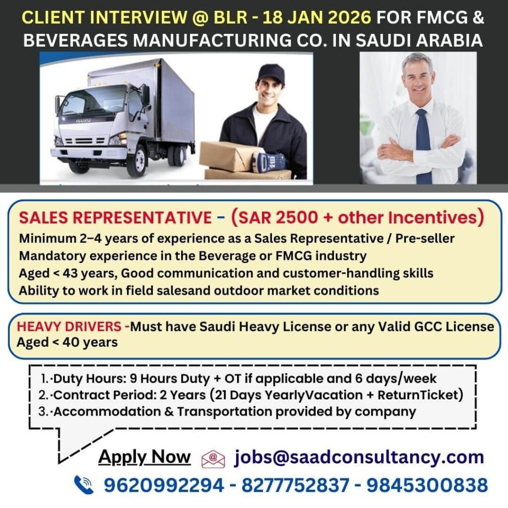 Saudi Arabia FMCG Jobs 2026 – Client Interview in Bangalore