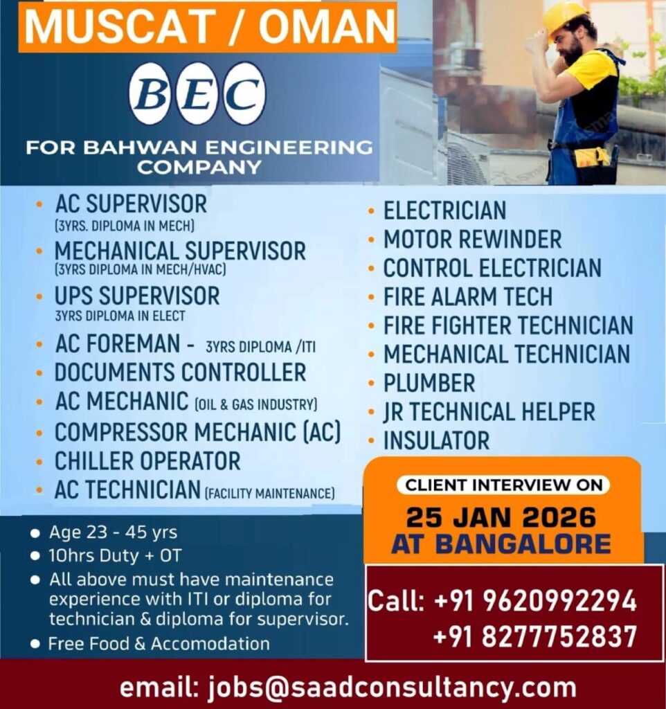 Oman Jobs 2026 for Bahwan Engineering Company