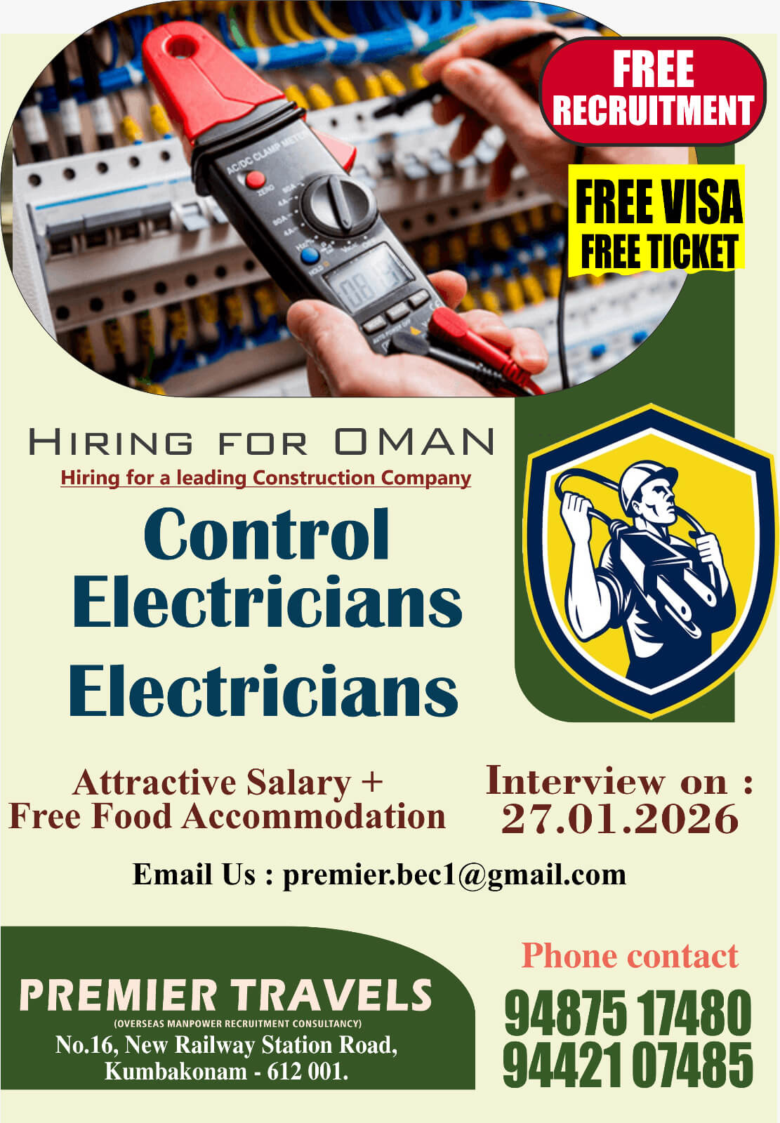 Oman Control Electrician Jobs 2026 – Free Visa & Ticket