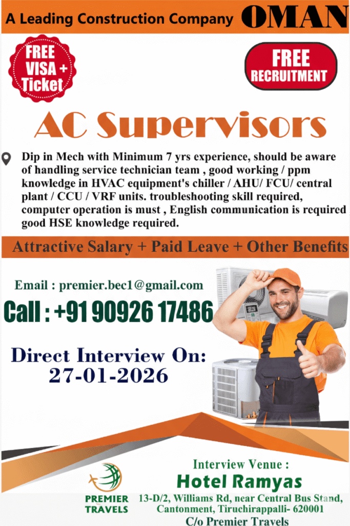 AC Supervisor Jobs in Oman 2026 – Free Visa & Ticket | Direct Interview