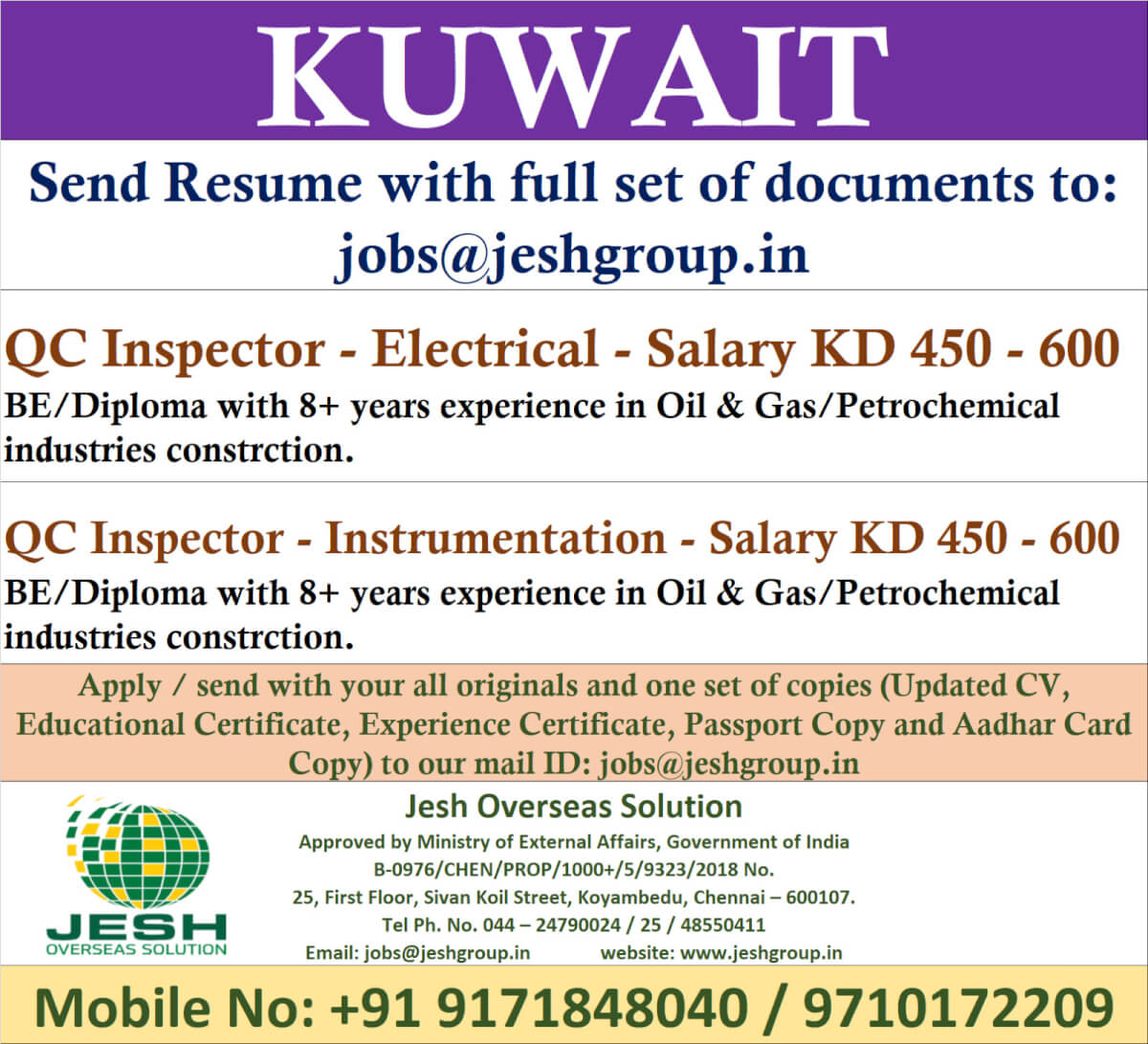 Kuwait QC Inspector Jobs 2026 – Electrical & Instrumentation