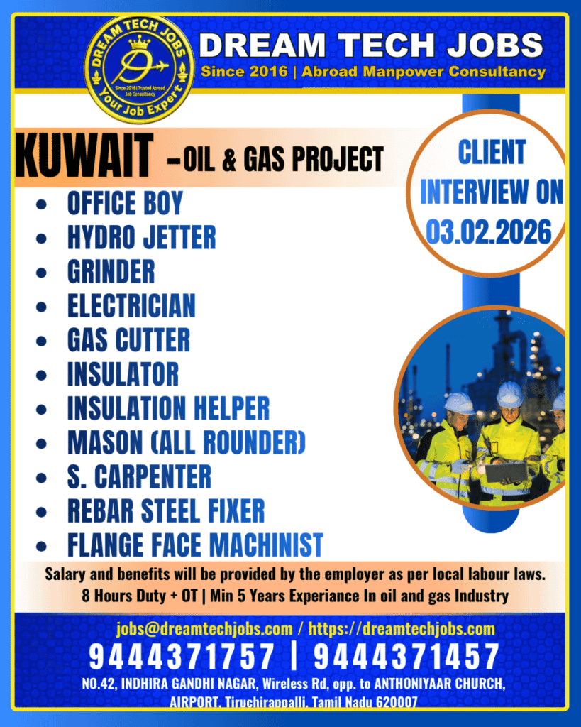 Kuwait Oil & Gas Project Jobs 2026 1 Recruitment Disclaimer – Important Notice for Job Seekers Before applying, please read the job advertisement carefully to understand the vacancies, required qualifications, and experience. Avoid making any advance payments to recruiters. Any payments should only be made after visa processing is confirmed. Our platform is not directly involved in recruitment or selection. We strongly recommend applicants to verify the authenticity of recruiters and check the credibility of prospective employers before making financial transactions. This recruitment disclaimer is provided to ensure transparency and safeguard job seekers from fraudulent activities