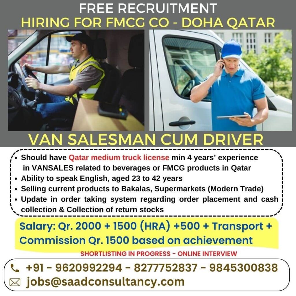 Van Salesman Cum Driver Jobs in Qatar 2026 1 Van Salesman Cum Driver Jobs in Qatar 2026