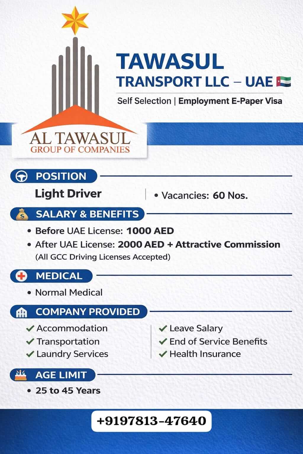 Light Driver Jobs in UAE 2026 – Tawasul Transport LLC Recruitment