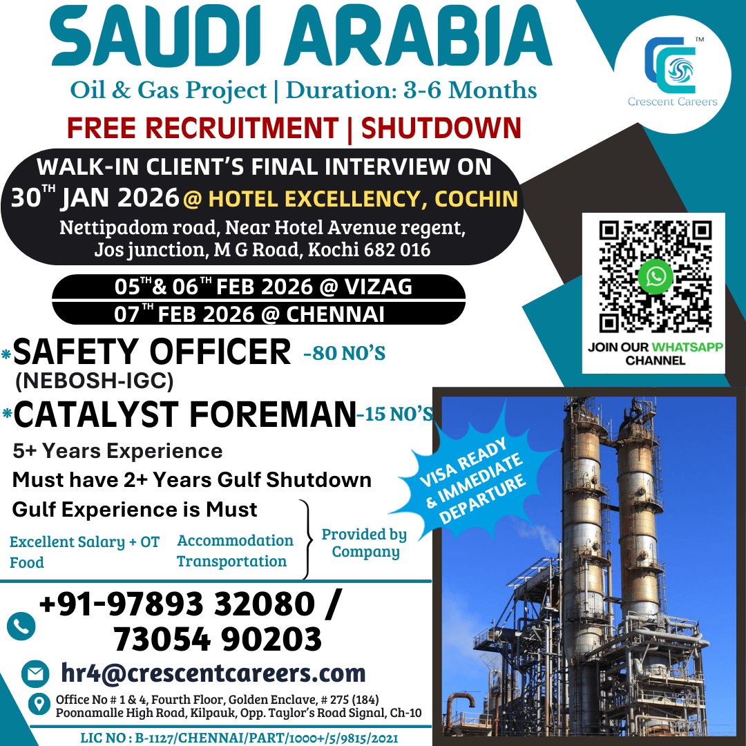 Saudi Arabia Shutdown Jobs 2026 – Free Recruitment | Walk-In Interview