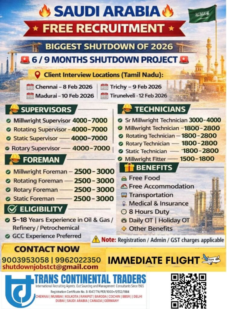 Saudi Shutdown Jobs 2026 – Biggest Shutdown Project with Immediate Flight
