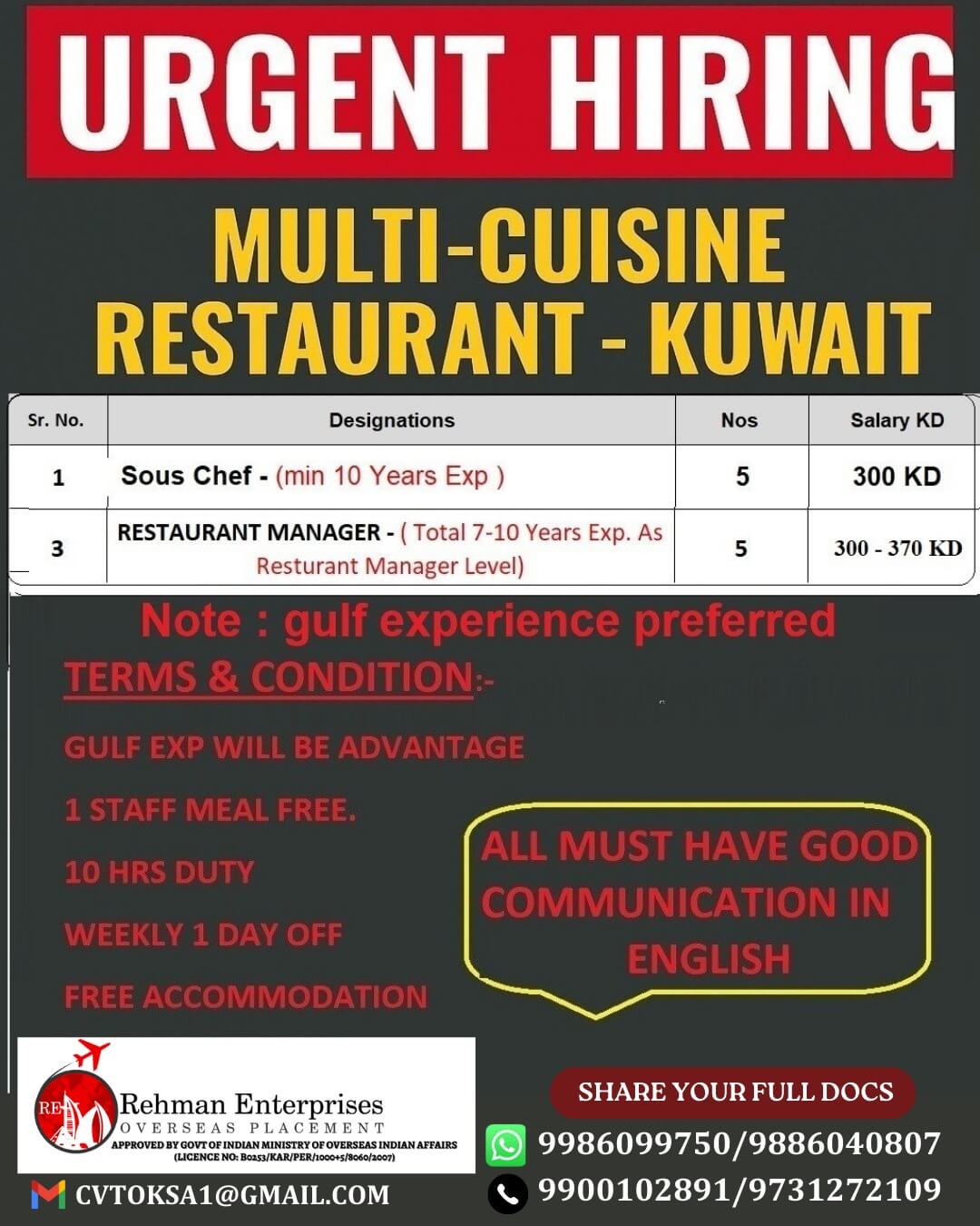 Multi Cuisine Restaurant Jobs in Kuwait 2026 – Urgent Hiring