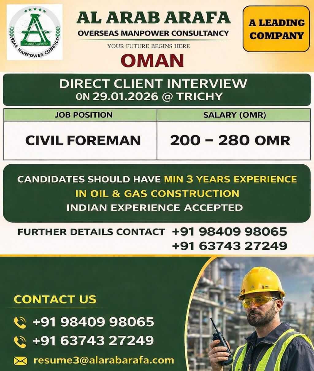 Oman Civil Foreman Jobs 2026