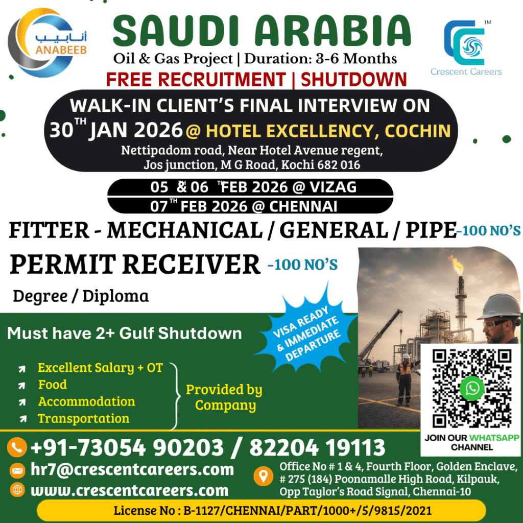 Saudi Arabia Oil & Gas Shutdown Jobs 2026 – Free Recruitment