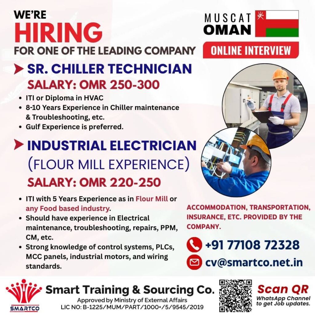 Oman Jobs 2026: Sr. Chiller Technician & Industrial Electrician Vacancies