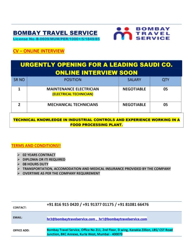 Saudi Arabia Maintenance Technician Jobs – Online Interview | Apply Now