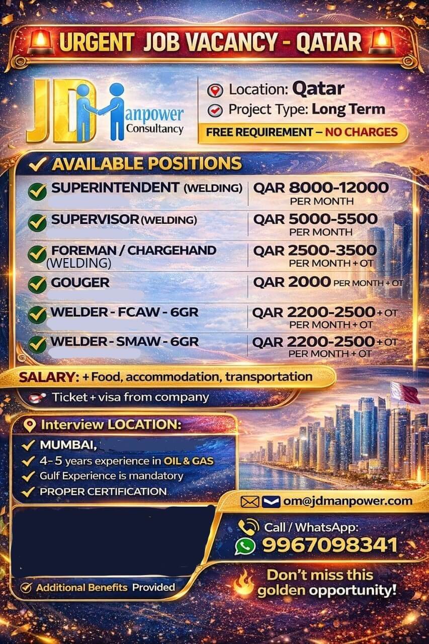 Qatar Welding Jobs 2026 – Urgent Oil & Gas Recruitment (Free Hiring)