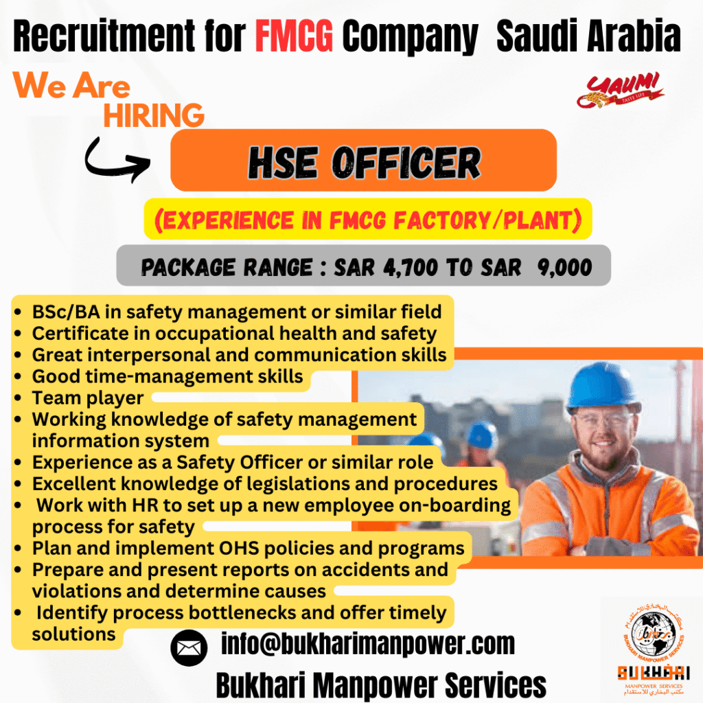 FMCG Company Recruitment in Saudi Arabia – HSE Officer Jobs 2026