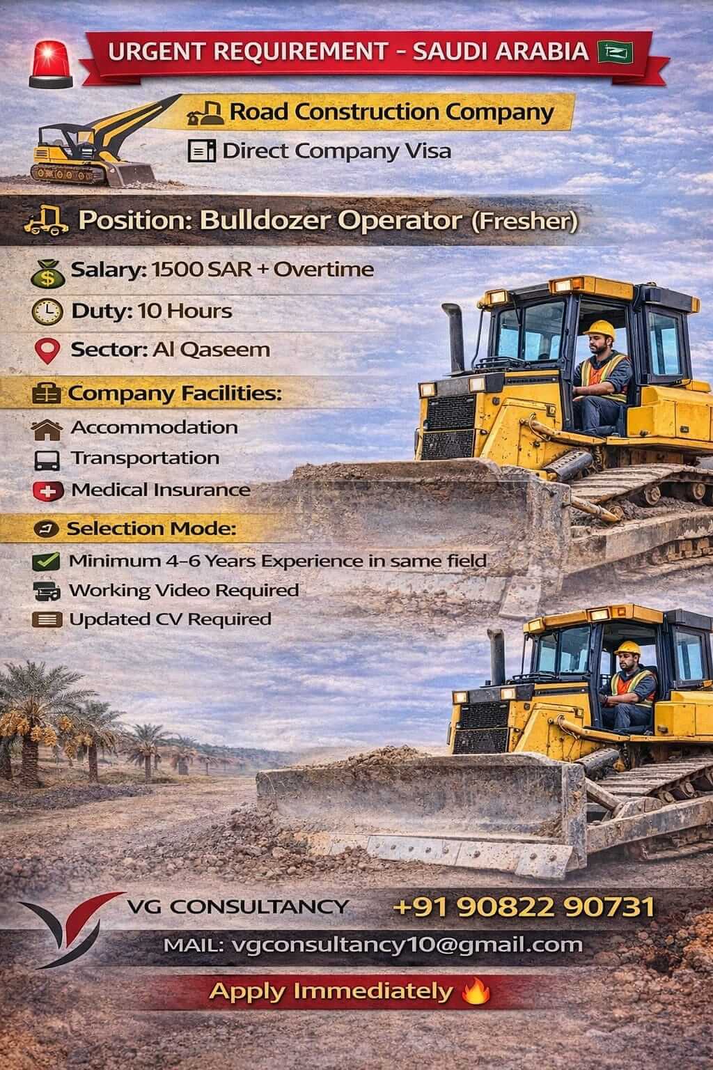 Saudi Arabia Road Construction Jobs 2026 – Bulldozer Operator Vacancy