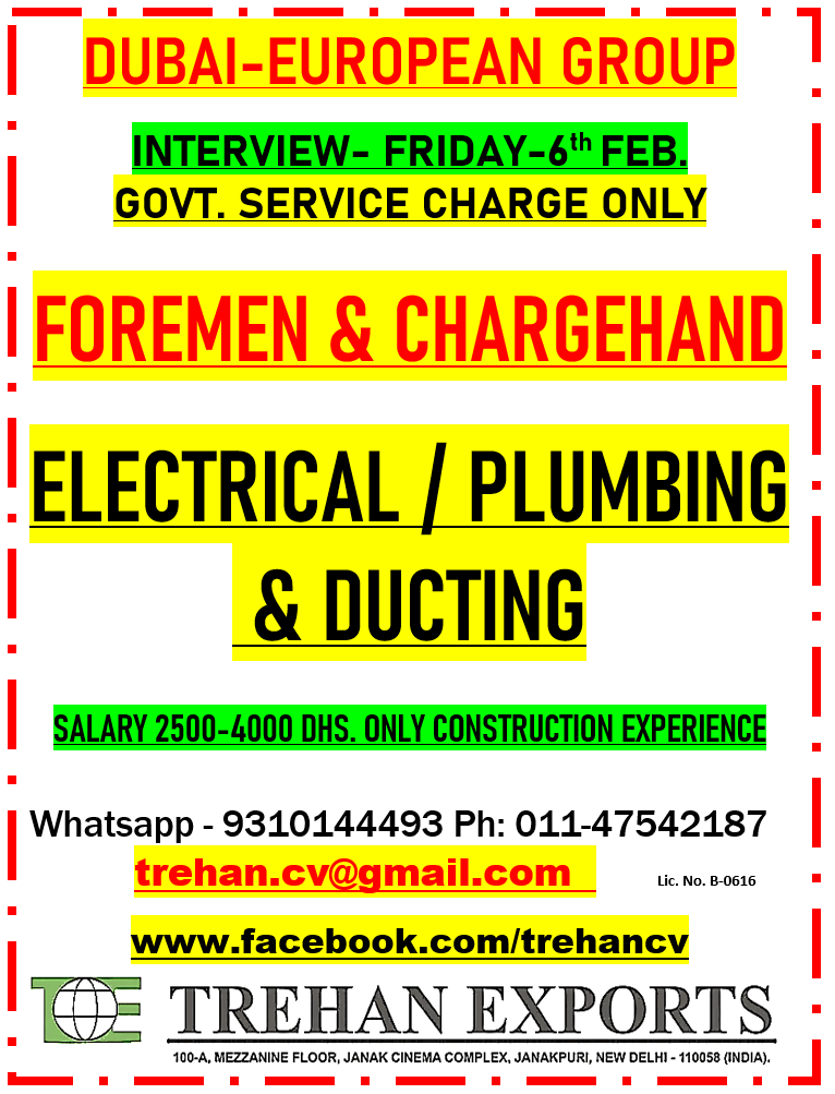 Dubai European Group Hiring Foremen & Chargehand