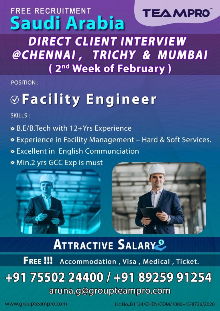 Saudi Arabia Facility Engineer Jobs 2026 – Direct Client Interview