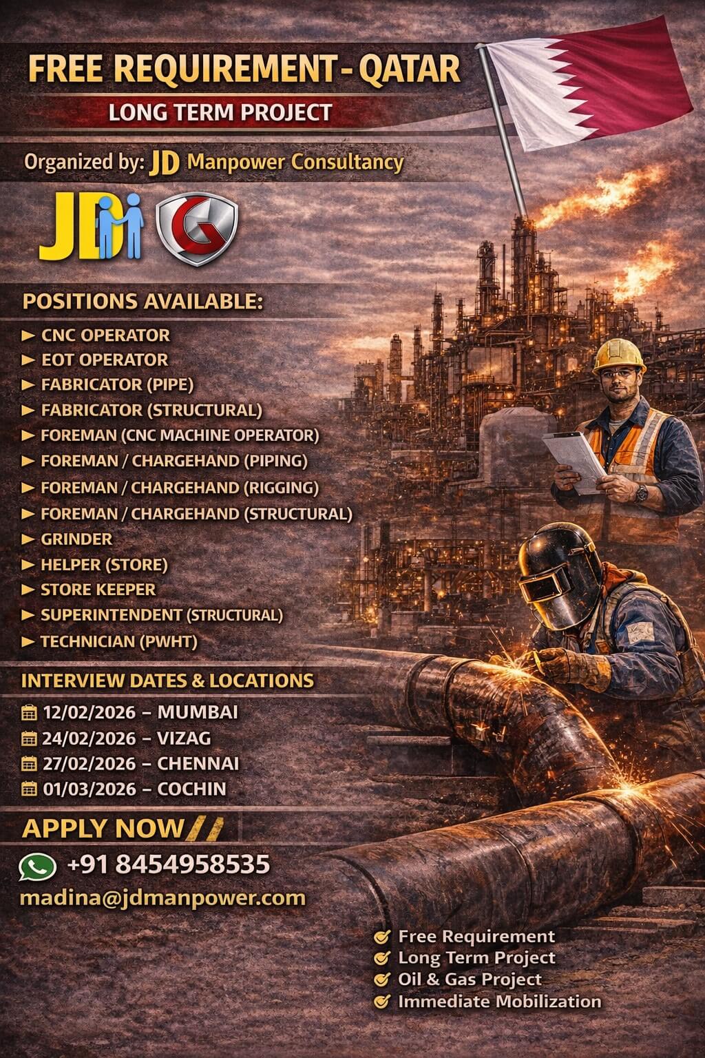 Qatar Oil & Gas Jobs 2026 – Free Recruitment for Long Term Project