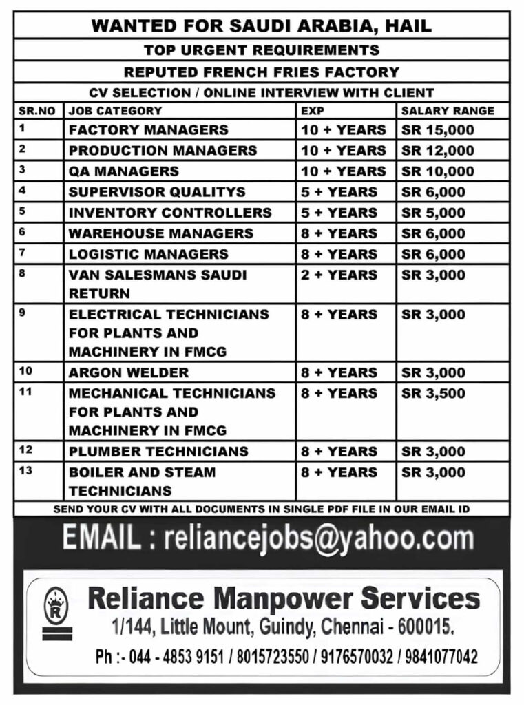 Saudi Arabia French Fries Factory Jobs 2026