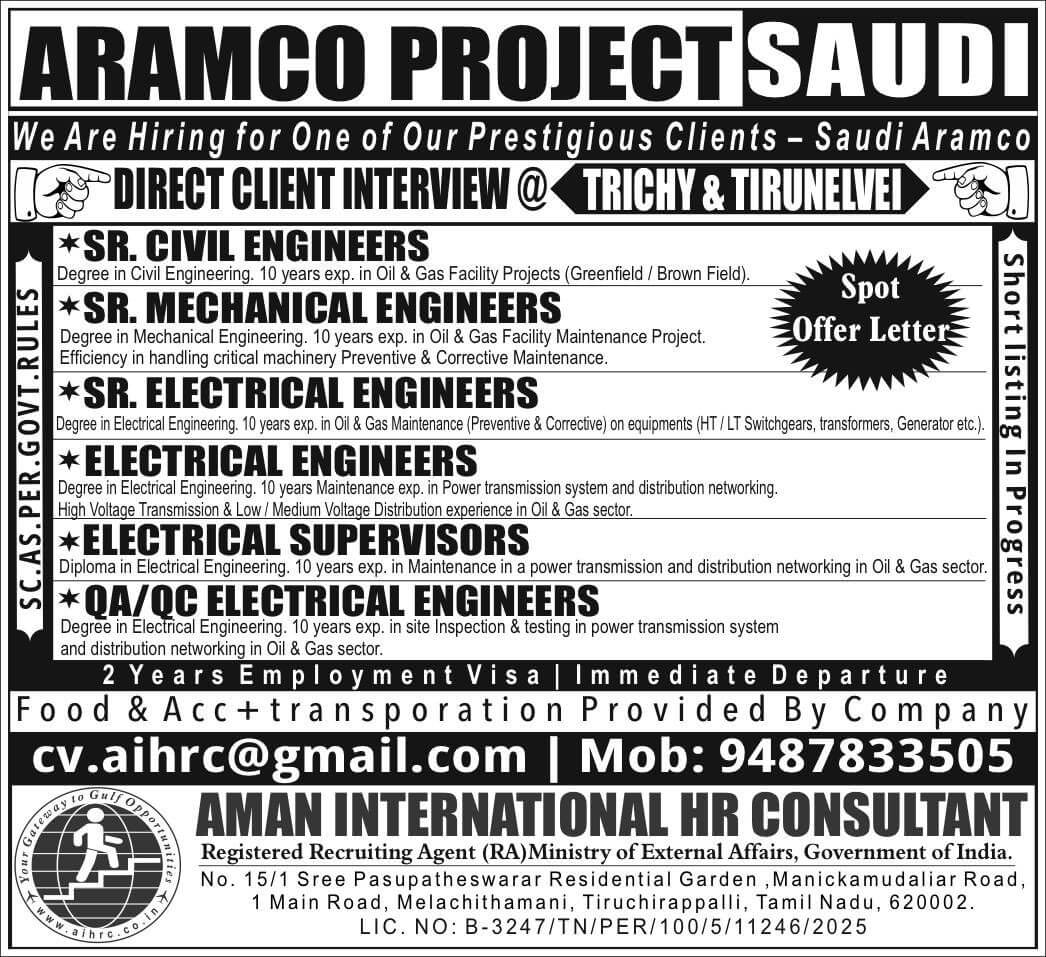 Aramco Project Saudi Jobs – Direct Client Interview