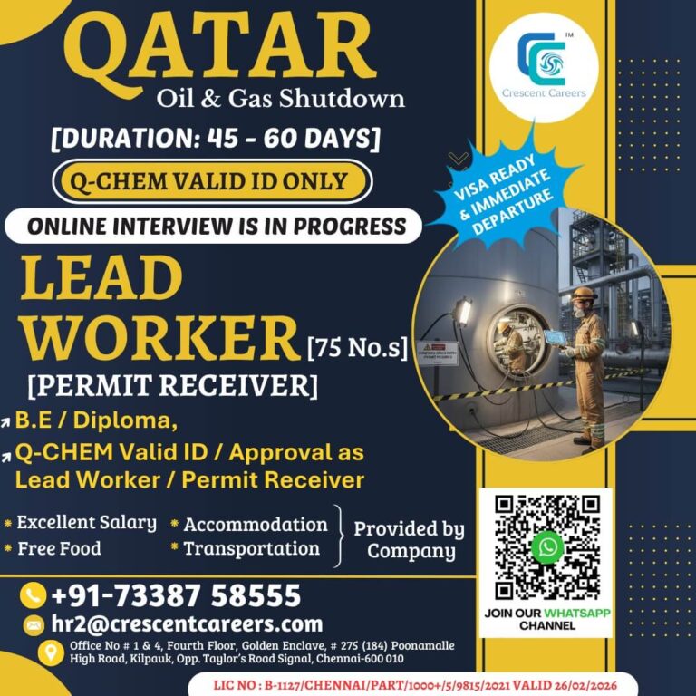 Qatar Oil Gas Shutdown Jobs – Lead Worker / Permit Receiver Hiring