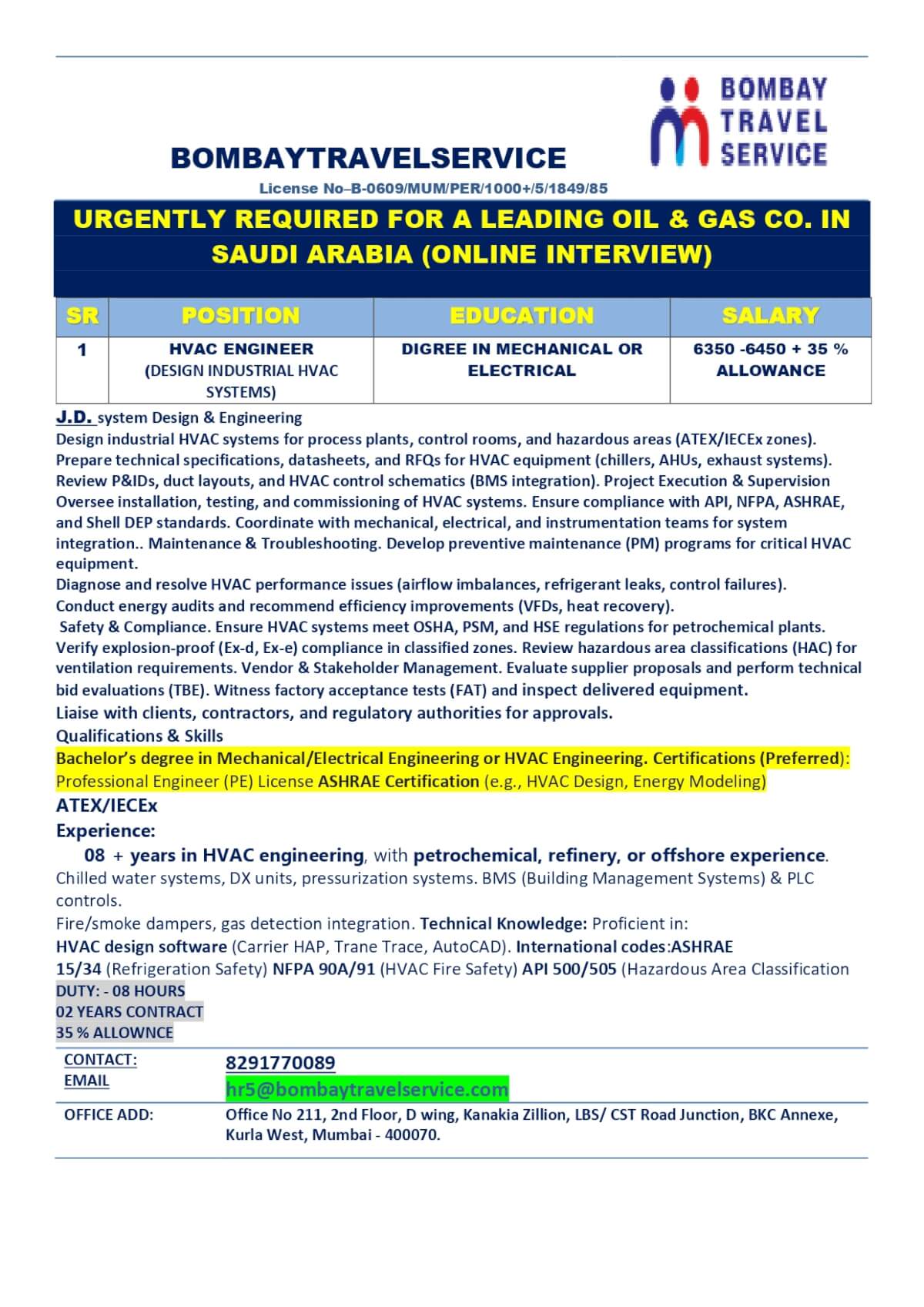 HVAC Engineer Saudi Arabia Job