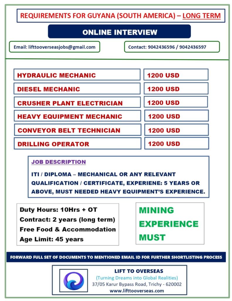 Guyana Mining Jobs 2026 – Hydraulic & Diesel Mechanic Vacancies