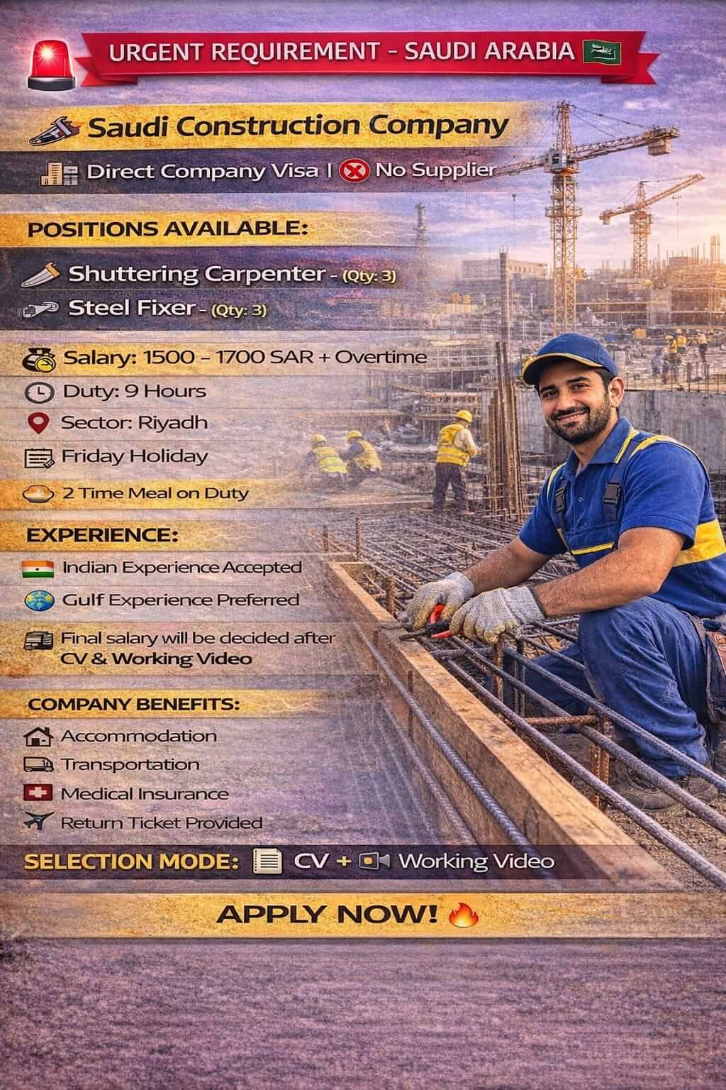 Saudi Construction Jobs Riyadh – Direct Company Visa Hiring 2026