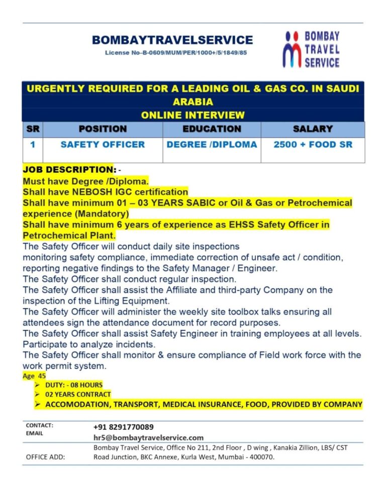 Safety Officer Jobs Saudi Arabia – Oil & Gas Company Recruitment 2026