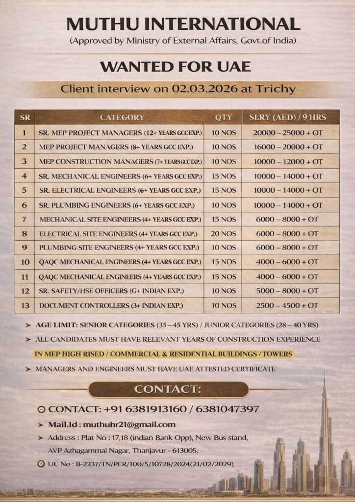 UAE MEP Jobs 2026 Announced by Muthu International 1 UAE MEP Jobs 2026 Announced by Muthu International