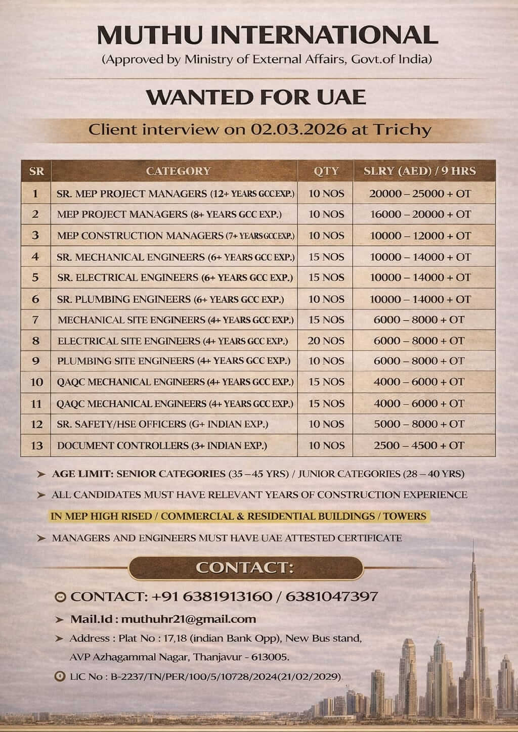 UAE MEP Jobs 2026 Announced by Muthu International