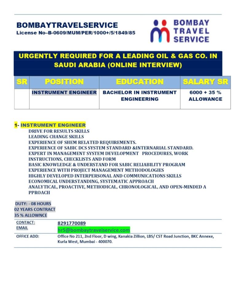 Instrument Engineer Jobs Saudi Arabia – Apply for Oil & Gas Company