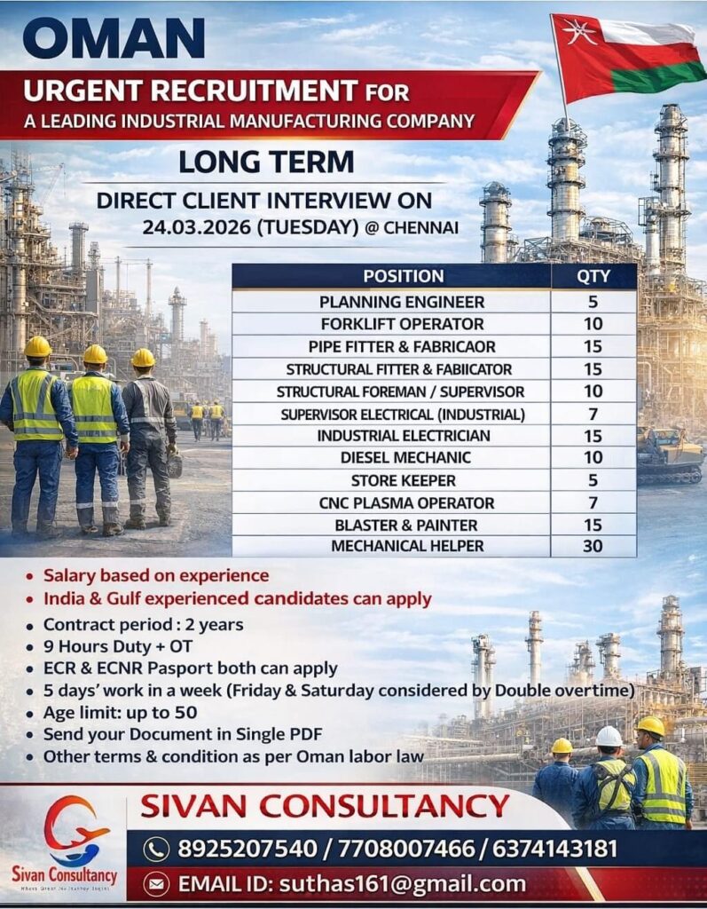 Oman Industrial Jobs 2026 – Urgent Recruitment Details