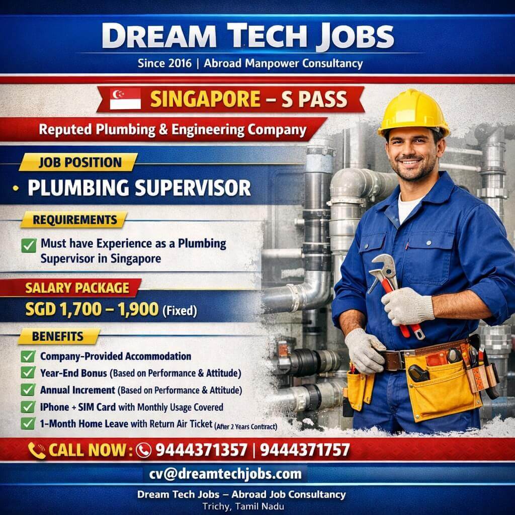 Singapore Plumbing Supervisor Jobs 2026 – Apply Now