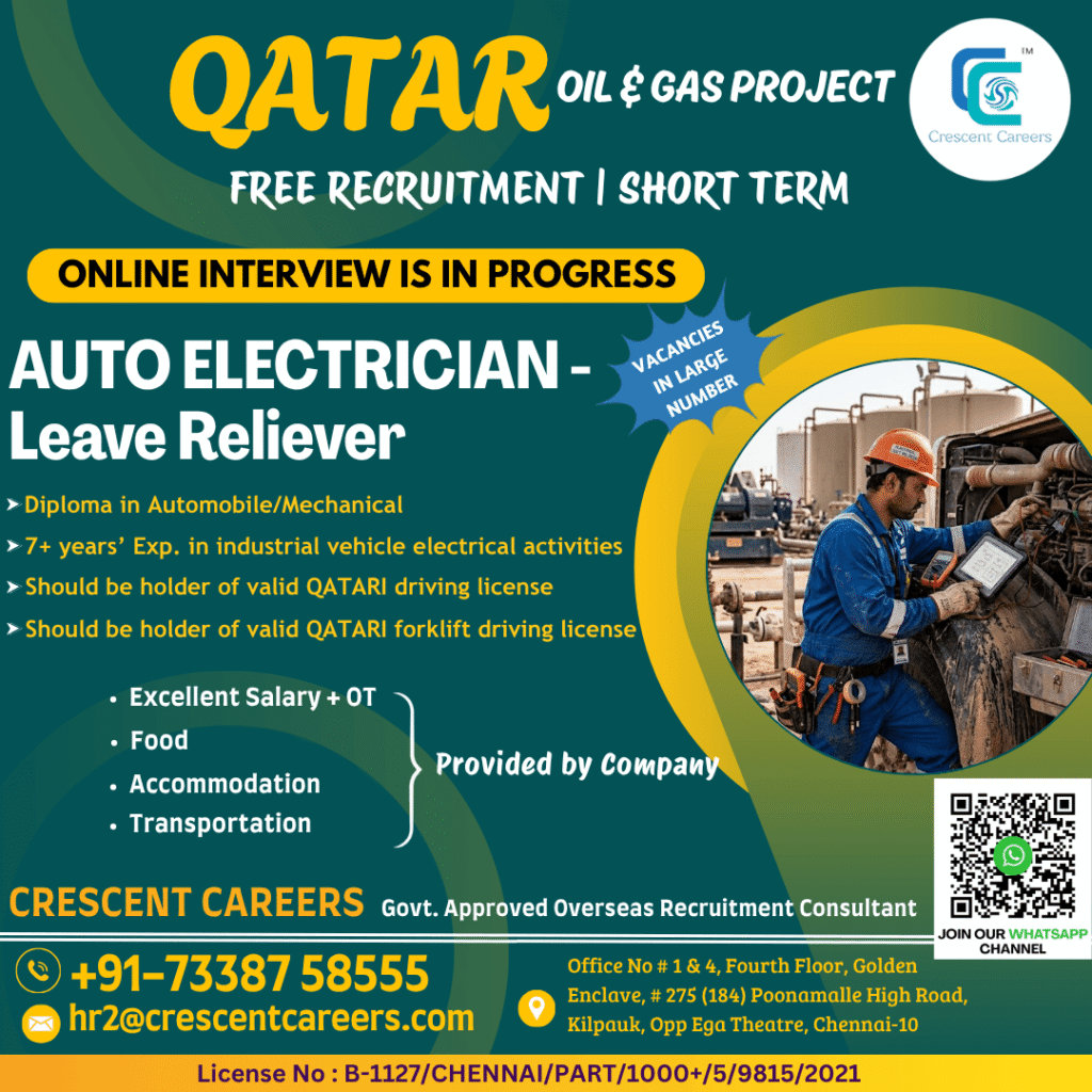 Qatar Oil & Gas Project Auto Electrician Jobs 2026 – Free Recruitment