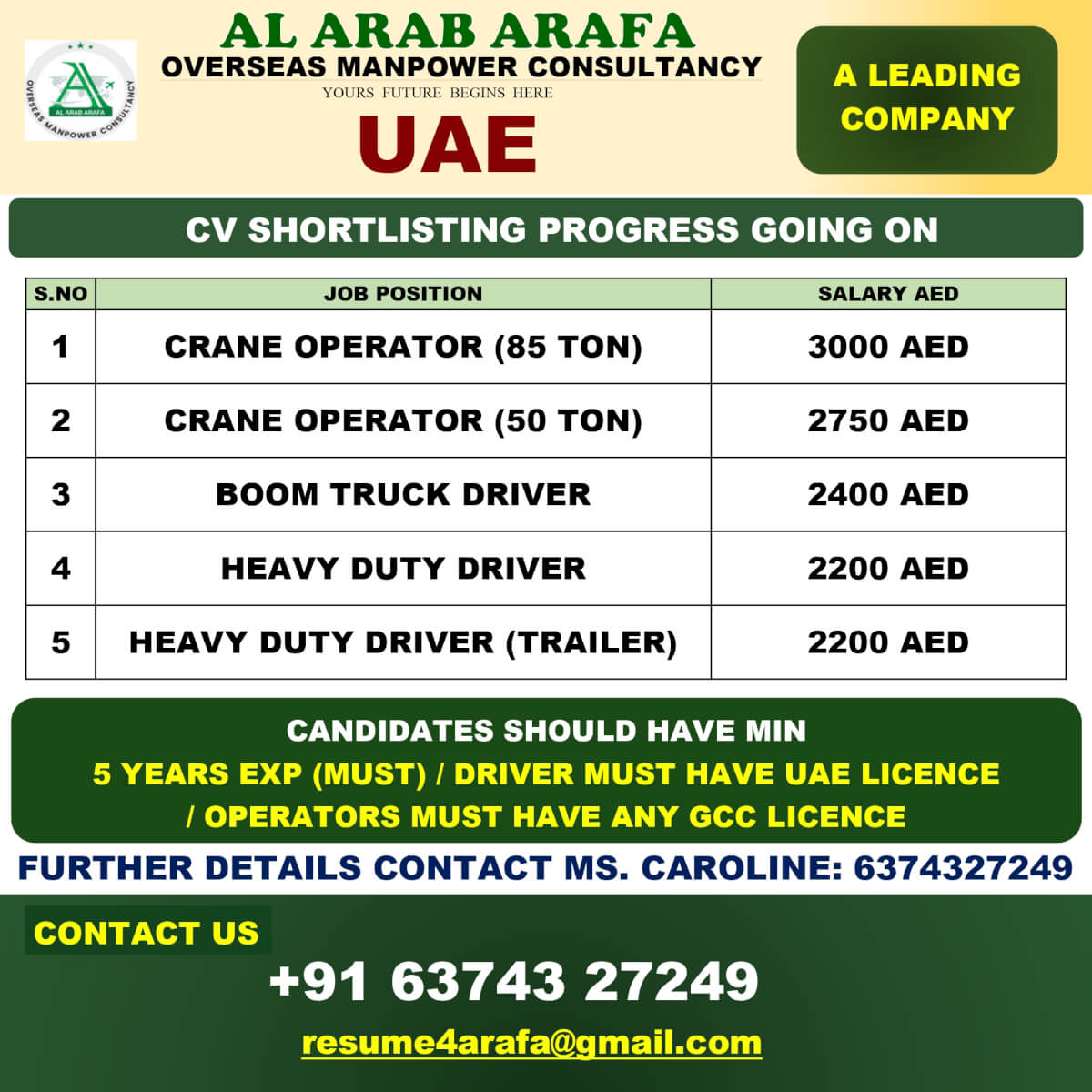 UAE Company Hiring Crane Operators and Drivers
