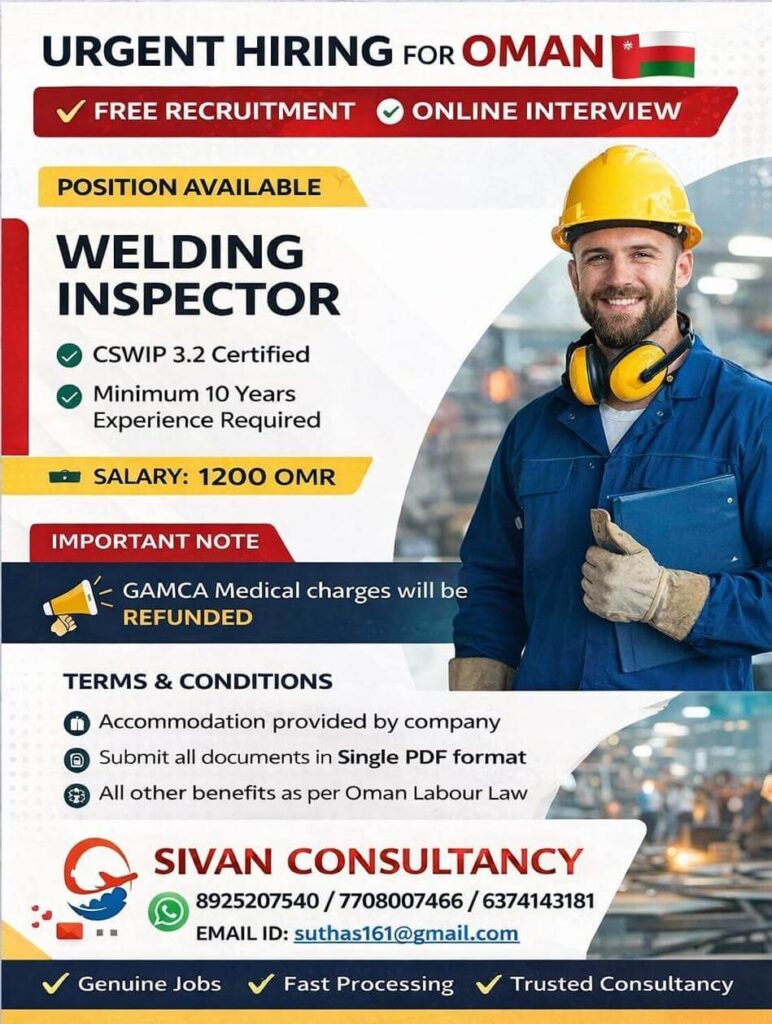 Welding Inspector Jobs in Oman – Apply Now