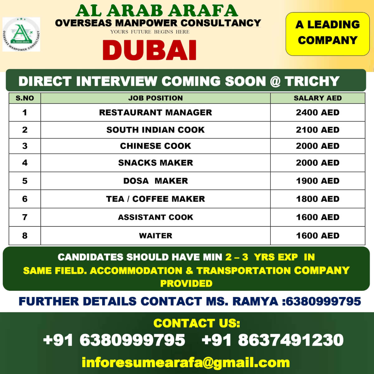 Dubai Restaurant Jobs 2026 – Direct Interview in Trichy | Apply Now