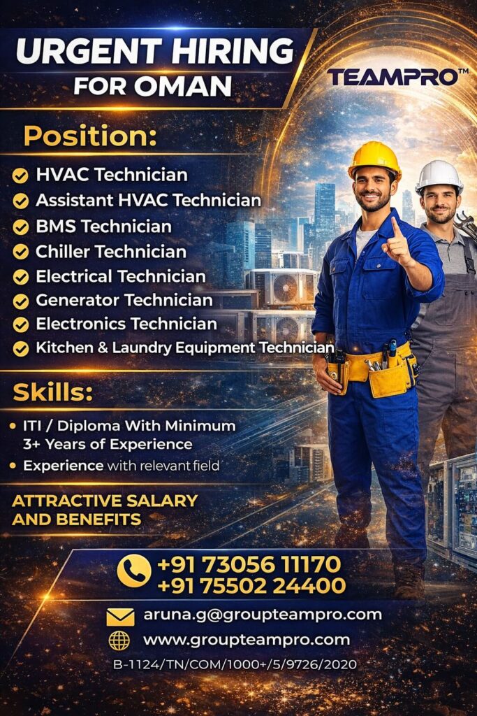 Oman Technician Jobs 2026: Urgent Hiring for HVAC, Electrical, BMS & Chiller Technicians 1 Oman Technician Jobs 2026: Urgent Hiring for HVAC, Electrical, BMS & Chiller Technicians