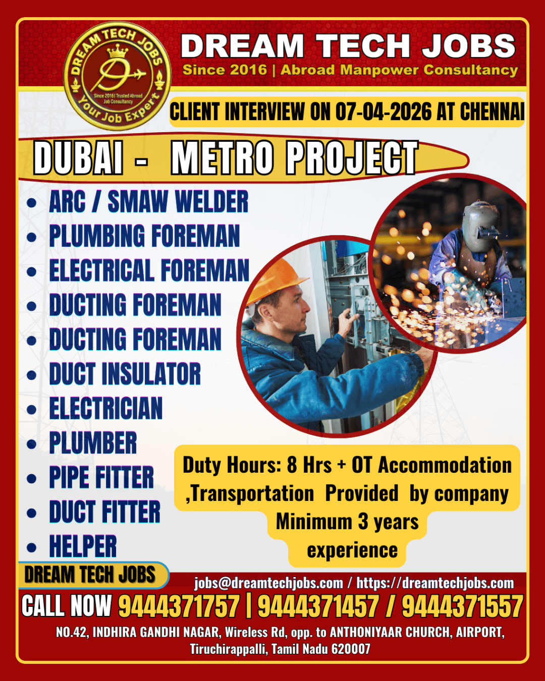 Dubai Metro Project Jobs 2026 – Client Interview in Chennai